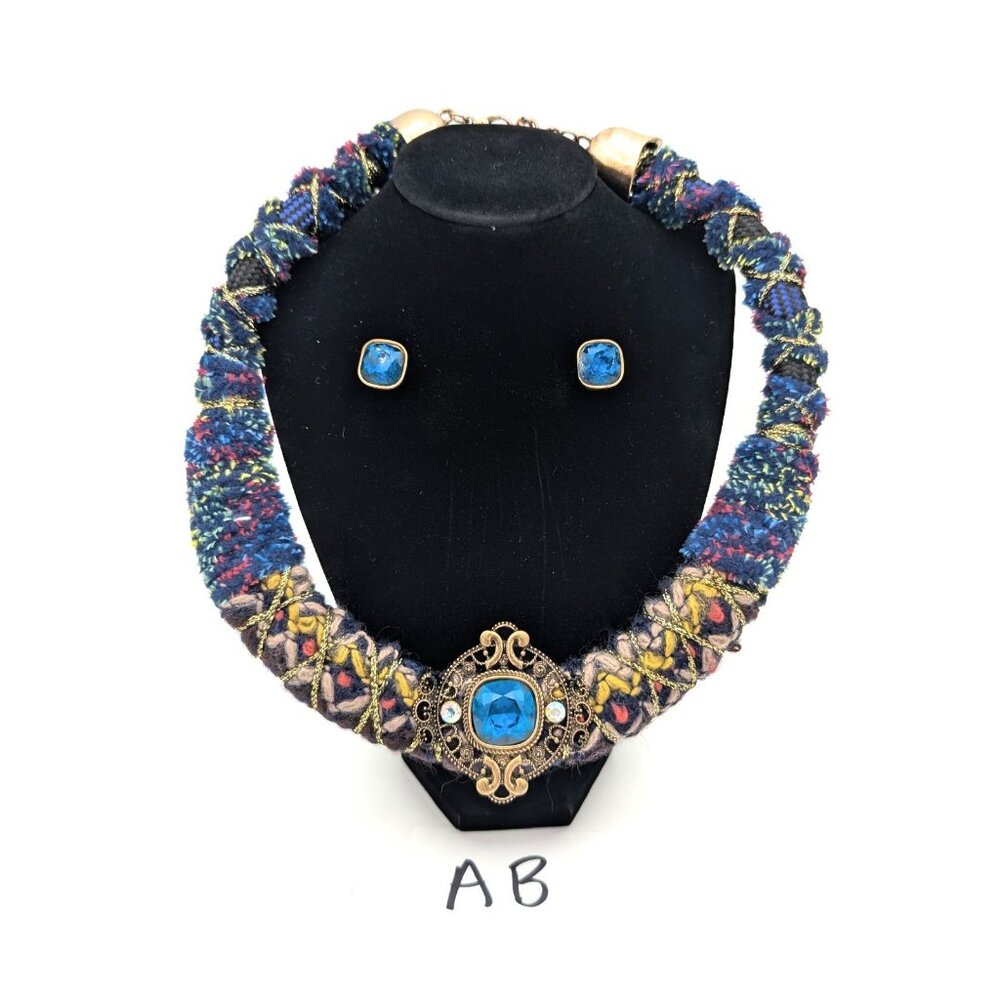 Vintage Victorian Revival Necklace Handmade Fiber Macrame Rhinestone Jewel Stud